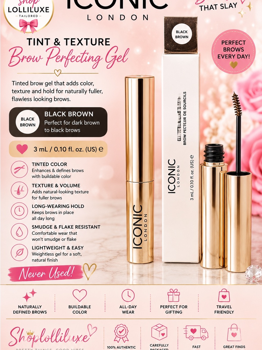 ICONIC London Tint & Texture Brow Perfecting Gel — Black Brown